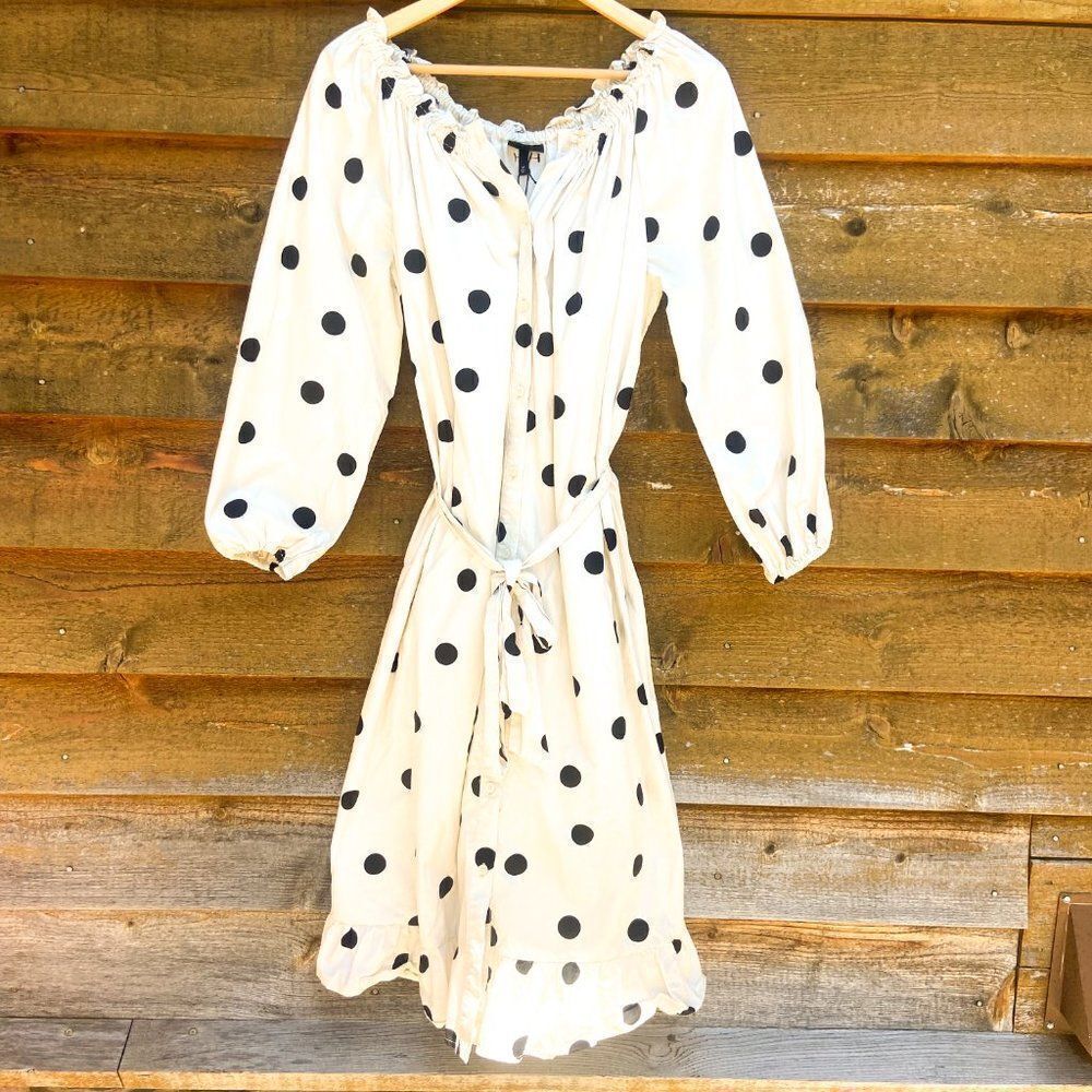 NWT Who What Wear Cream Black Polka Dot Midi Tie Waist Button Up Midi Dress